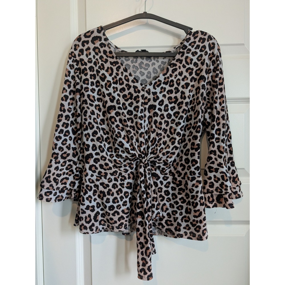 Fifty Street Leopard Tie Front Bell Sleeve Blouse
